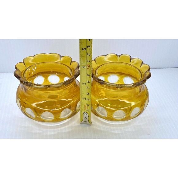 MID CENTURY MODERN CANDLE HOLDERS YELLOW SCALLOPED THUMBPRINT DESIGN - Picture 8 of 8